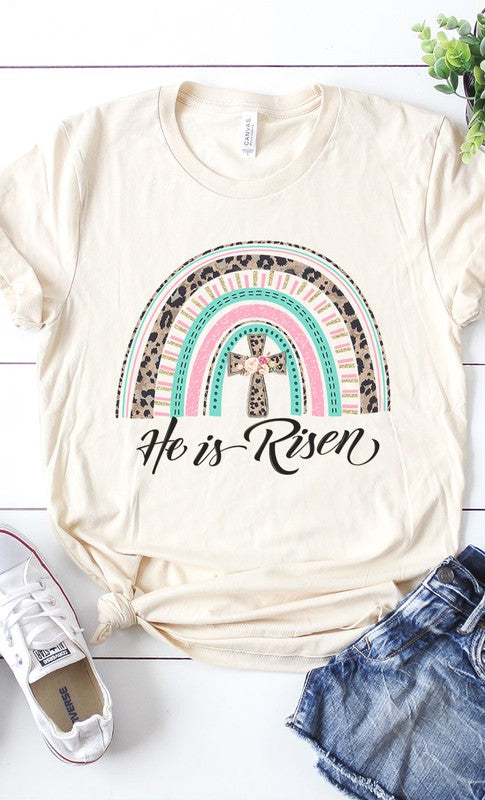 He Has Risen rainbow cross Graphic Tee