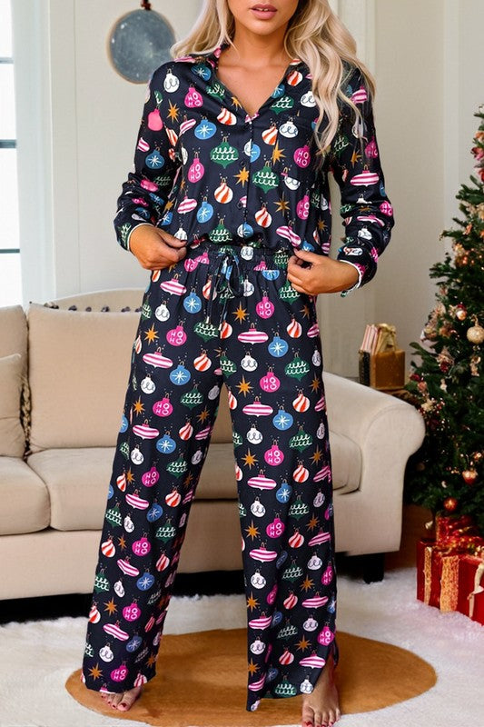 Women Christmas Print Shirt and Pants Pajama Set