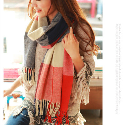 women's sweet plaid imitation cashmere tassel winter scarves