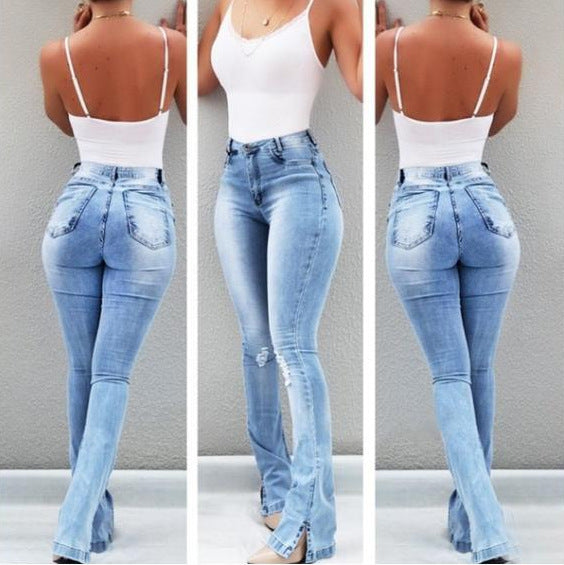 women's holiday daily fashion simple style streetwear solid color full length washed hole flared pants jeans