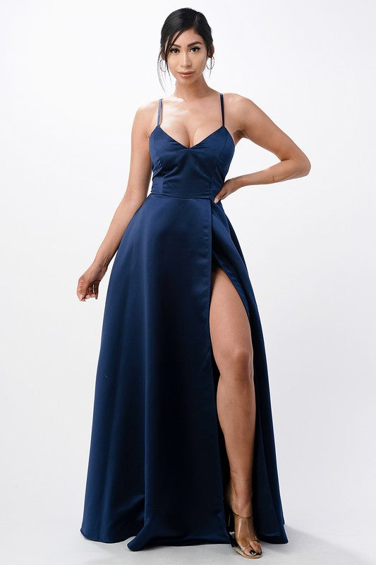 open side back spaghetti zig zag tie satin gown