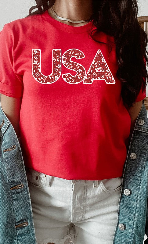 Red and White Floral USA Graphic Tee