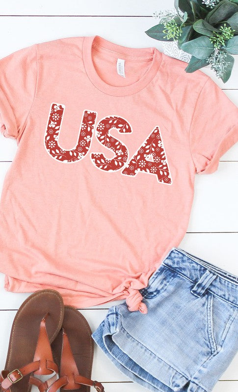 Red and White Floral USA Graphic Tee