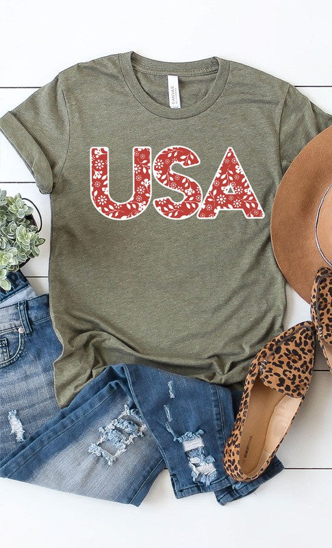 Red and White Floral USA Graphic Tee