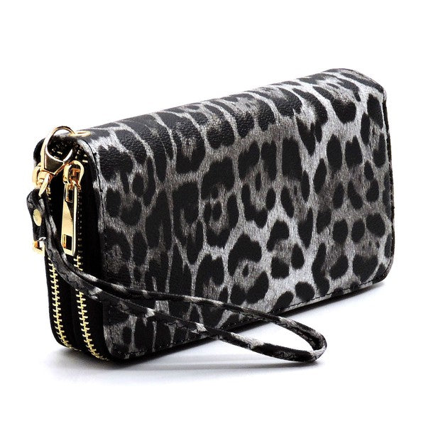 Leopard Double Zip Around Wallet Wristlet