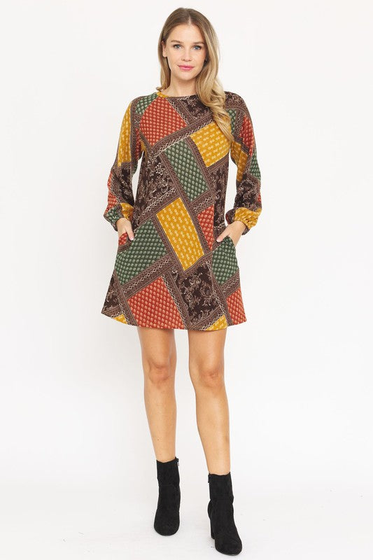 Bishop Sleeve Multi Patch Pattern Mini Dress