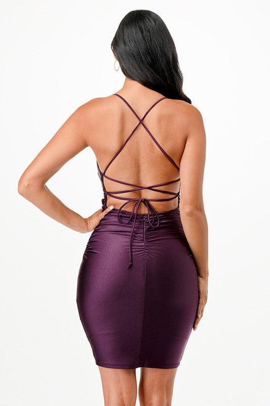 Back lace up short dress with waist shirring