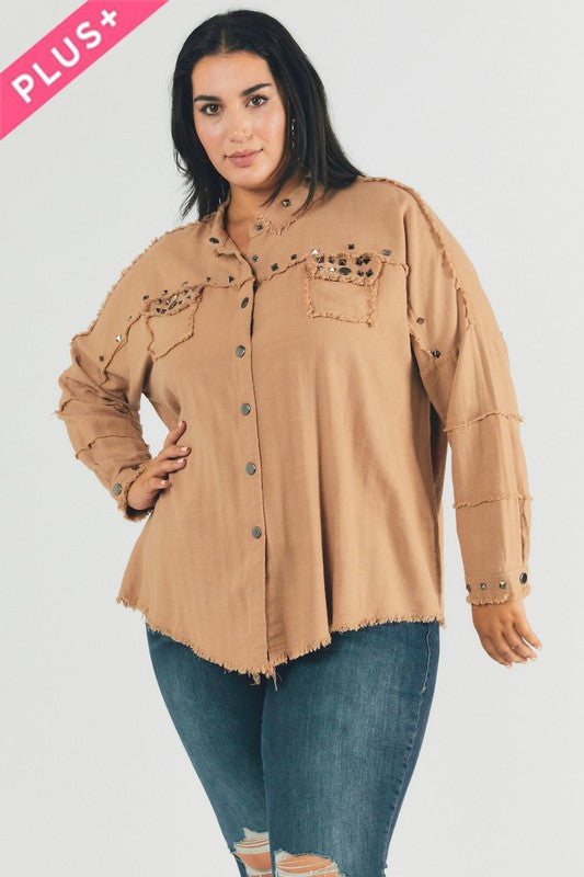 Plus Distressed hem button down oversize shirt