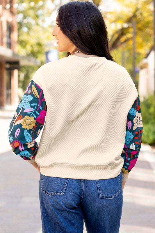 Contrast Floral Sleeve Textured Top Sweatshirts