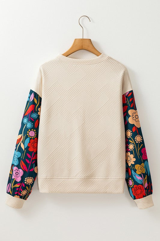 Contrast Floral Sleeve Textured Top Sweatshirts