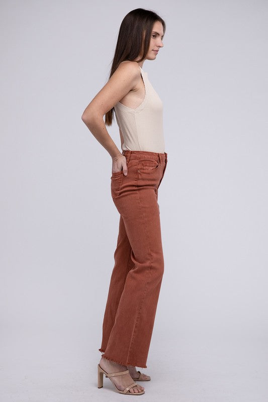 Acid Washed Frayed Cutoff Hem Straight Wide Pants