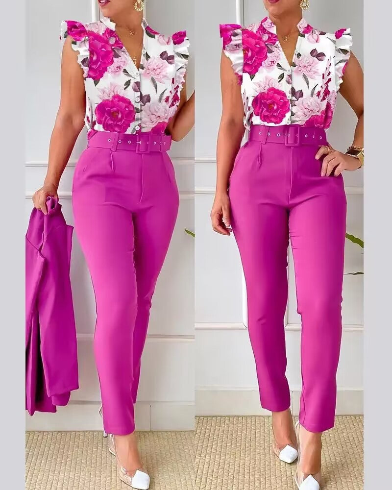 women's business fashion printing polyester printing pants sets