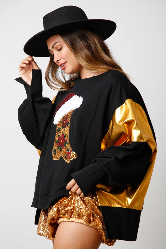 Hoodies & Sweatshirts Long Sleeve Sequins Streetwear Christmas Hat Color Block Shoe