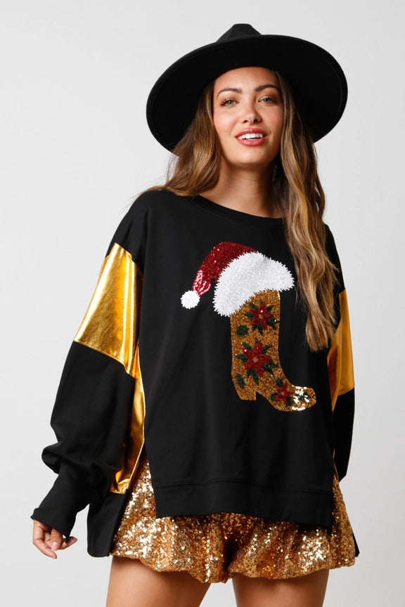 Hoodies & Sweatshirts Long Sleeve Sequins Streetwear Christmas Hat Color Block Shoe