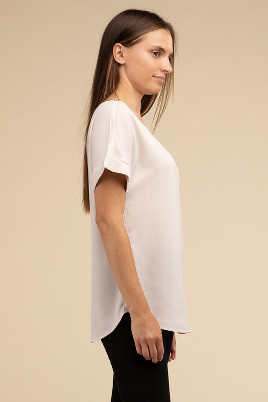 Woven Heavy Dobby Rolled Sleeve Boat Neck Top