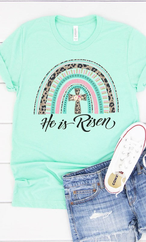 He Has Risen rainbow cross Graphic Tee