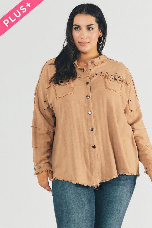 Plus Distressed hem button down oversize shirt