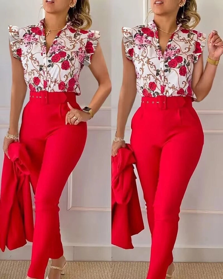 women's business fashion printing polyester printing pants sets