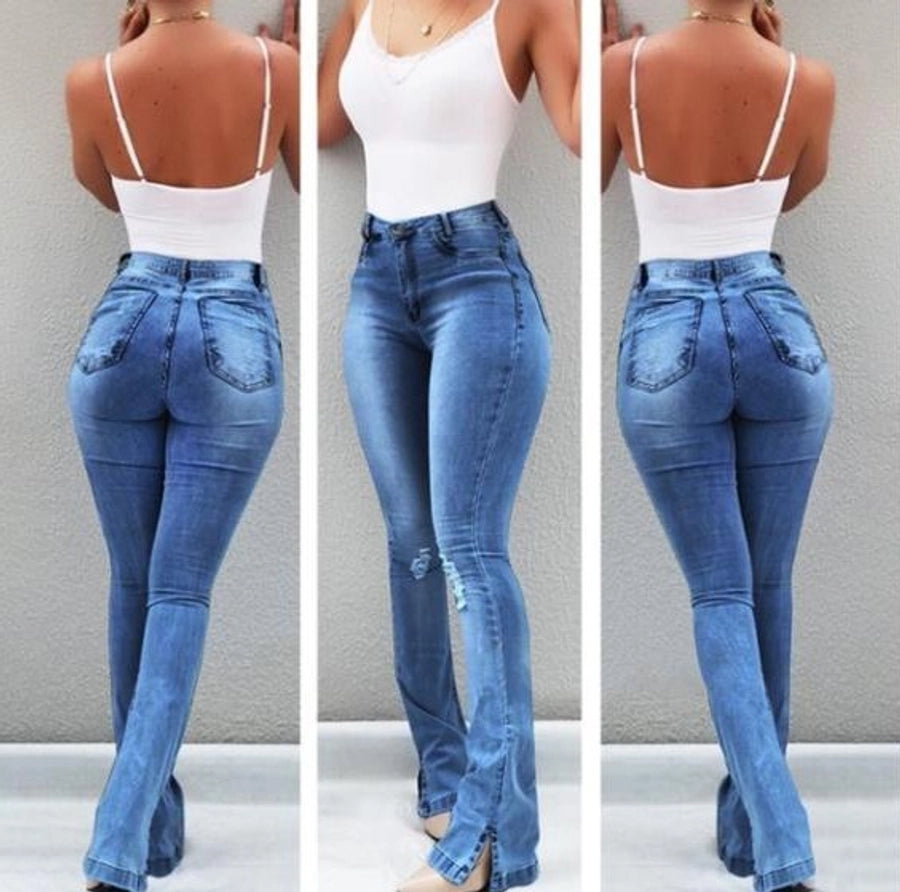 women's holiday daily fashion simple style streetwear solid color full length washed hole flared pants jeans