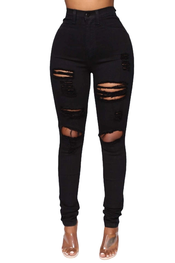 women's street fashion streetwear solid color full length ripped jeans