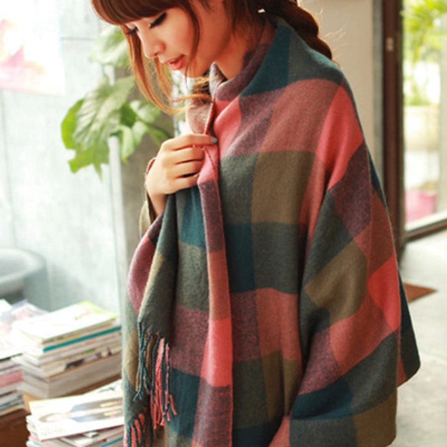 women's sweet plaid imitation cashmere tassel winter scarves