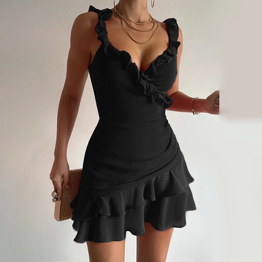 Women's Sheath Dress Elegant Sexy Plunging Neck Ruffles Sleeveless Solid Color Short Mini Dress Holiday Cocktail Party