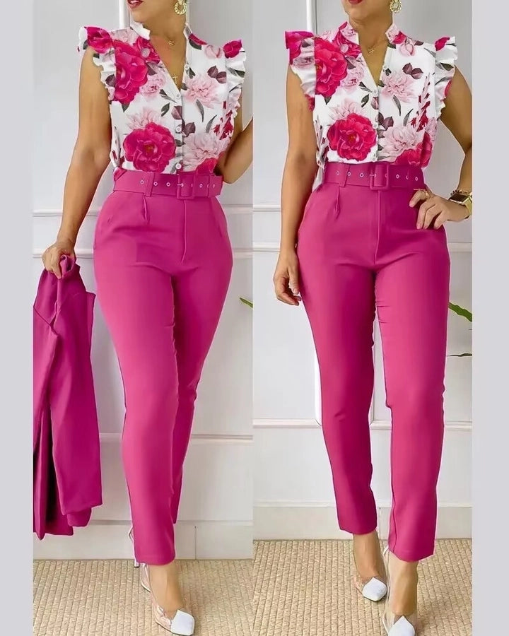 women's business fashion printing polyester printing pants sets