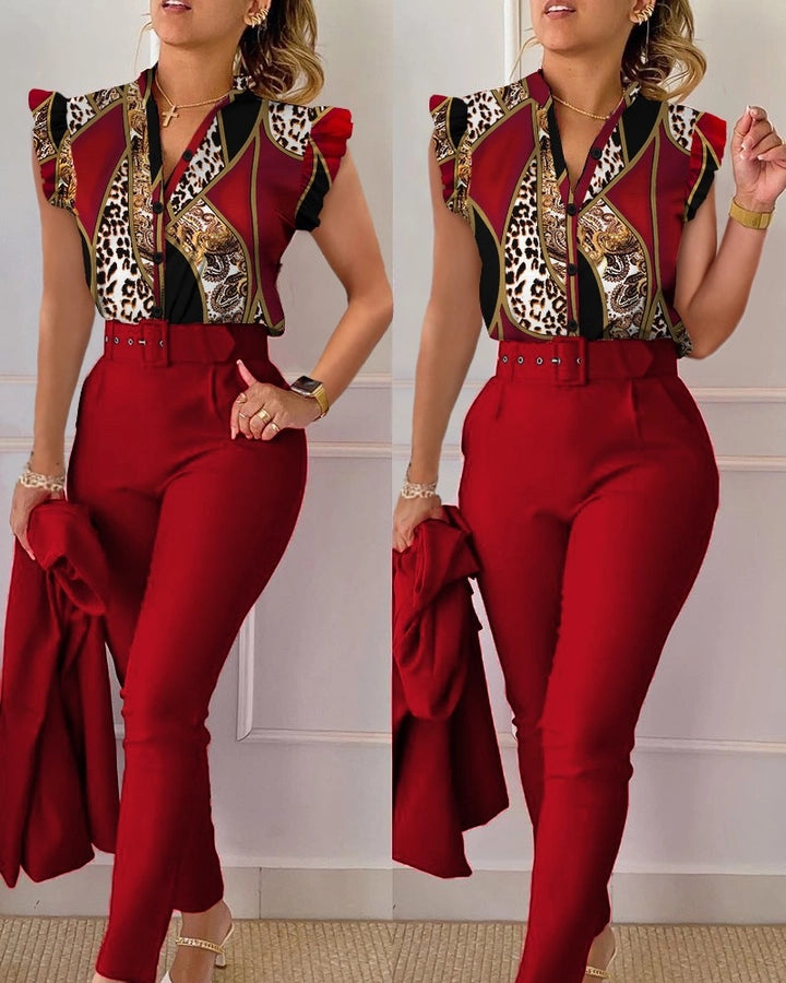 women's business fashion printing polyester printing pants sets