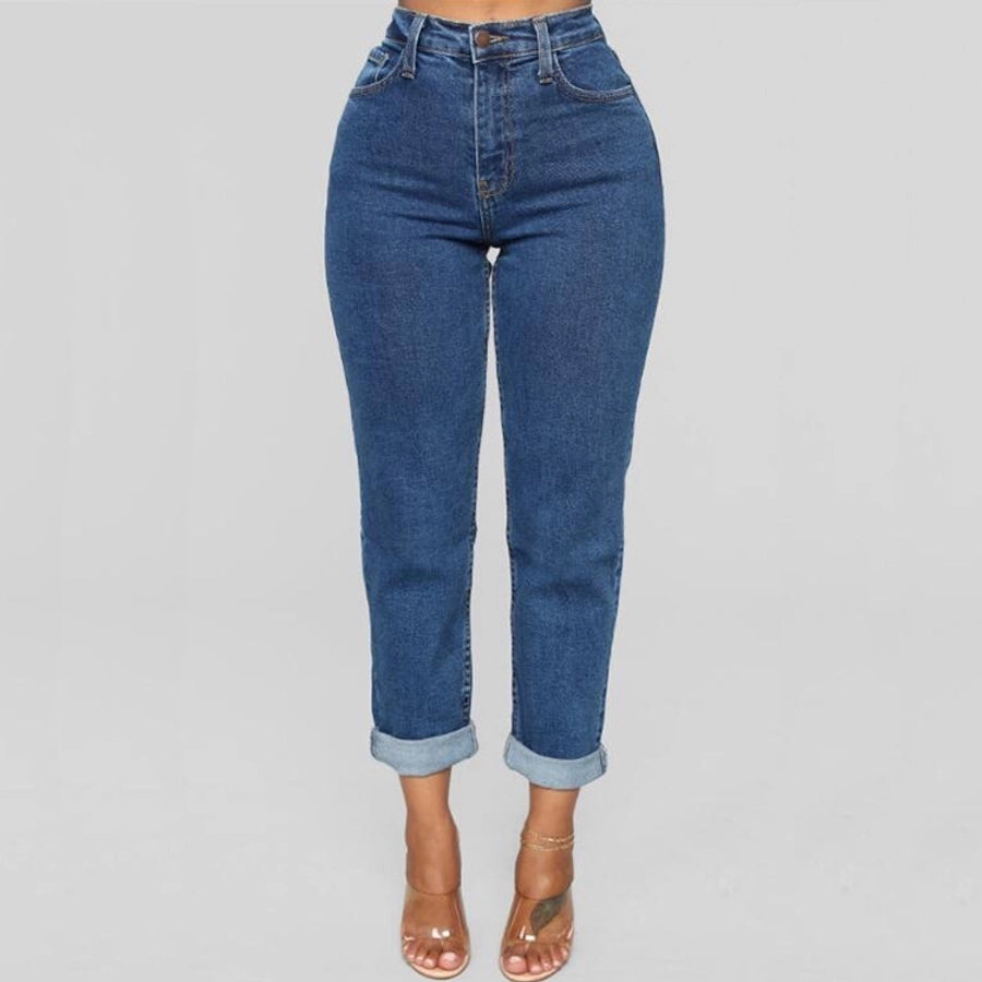 women's daily simple style solid color ankle-length washed jeans