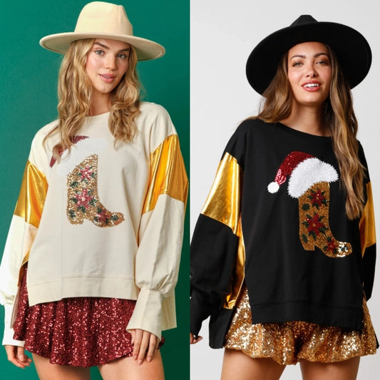 Hoodies & Sweatshirts Long Sleeve Sequins Streetwear Christmas Hat Color Block Shoe