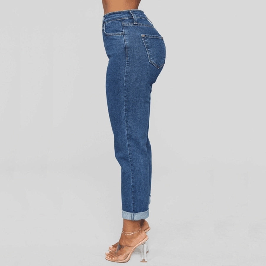 women's daily simple style solid color ankle-length washed jeans