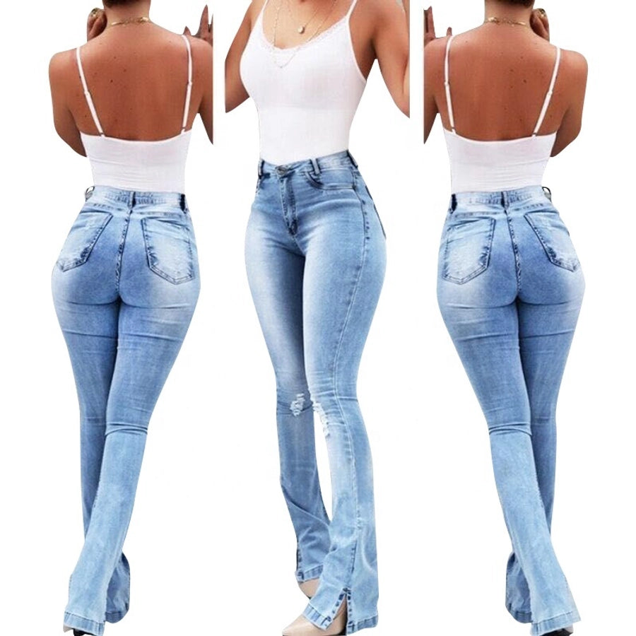 women's holiday daily fashion simple style streetwear solid color full length washed hole flared pants jeans