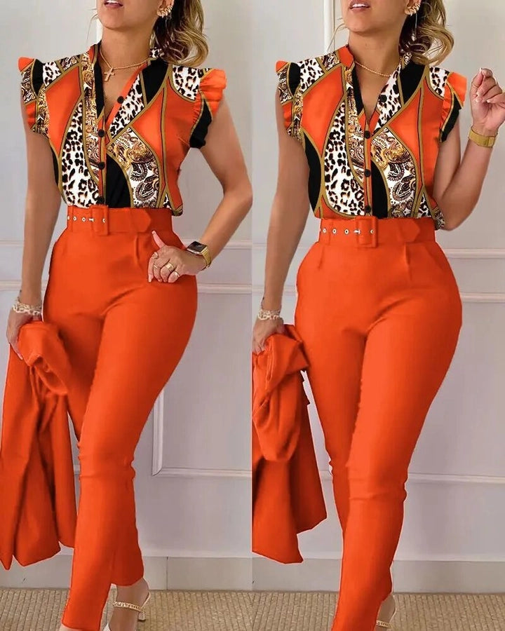 women's business fashion printing polyester printing pants sets