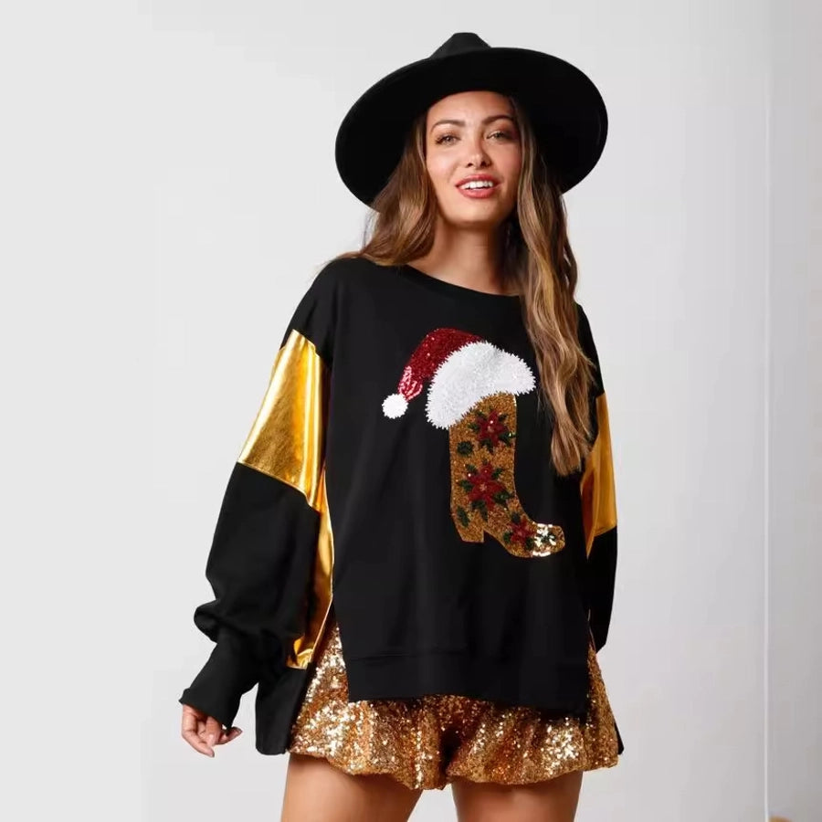 Hoodies & Sweatshirts Long Sleeve Sequins Streetwear Christmas Hat Color Block Shoe