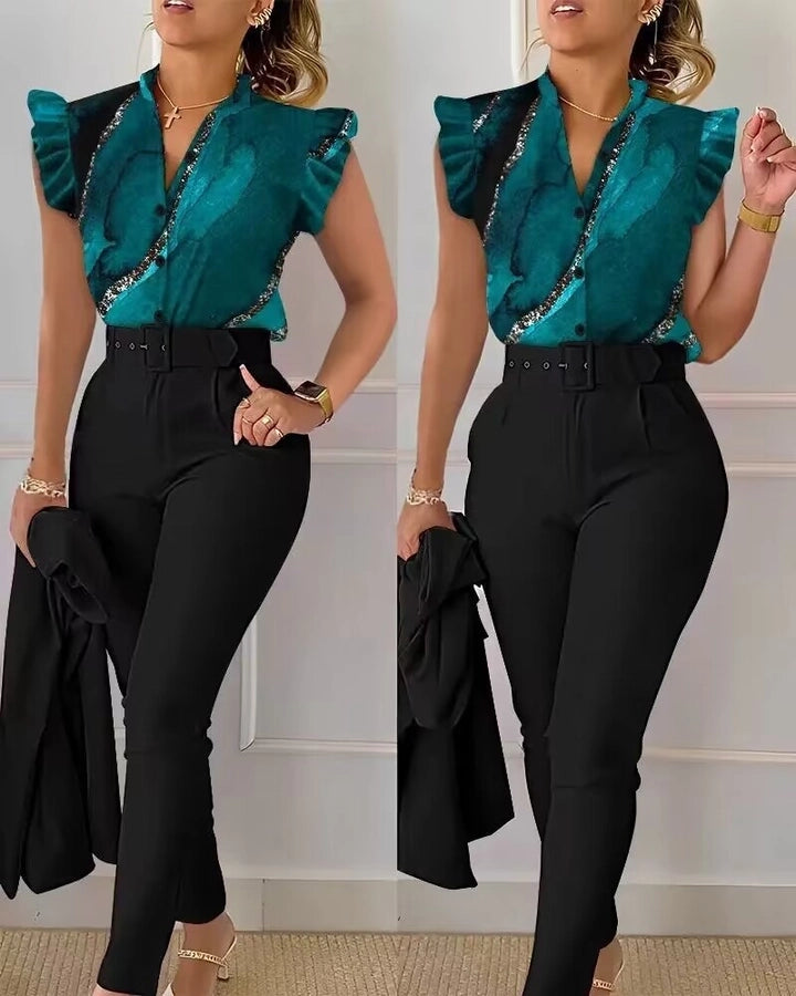 women's business fashion printing polyester printing pants sets