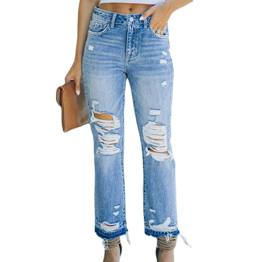 women's street classic style solid color ankle-length washed ripped jeans