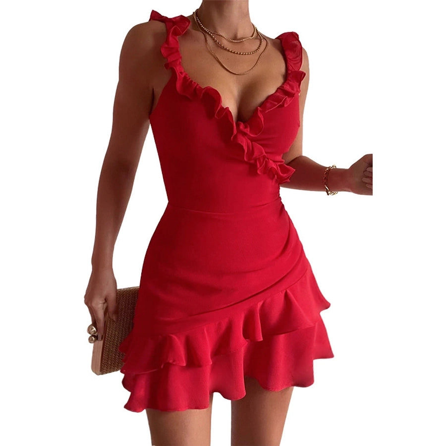 Women's Sheath Dress Elegant Sexy Plunging Neck Ruffles Sleeveless Solid Color Short Mini Dress Holiday Cocktail Party