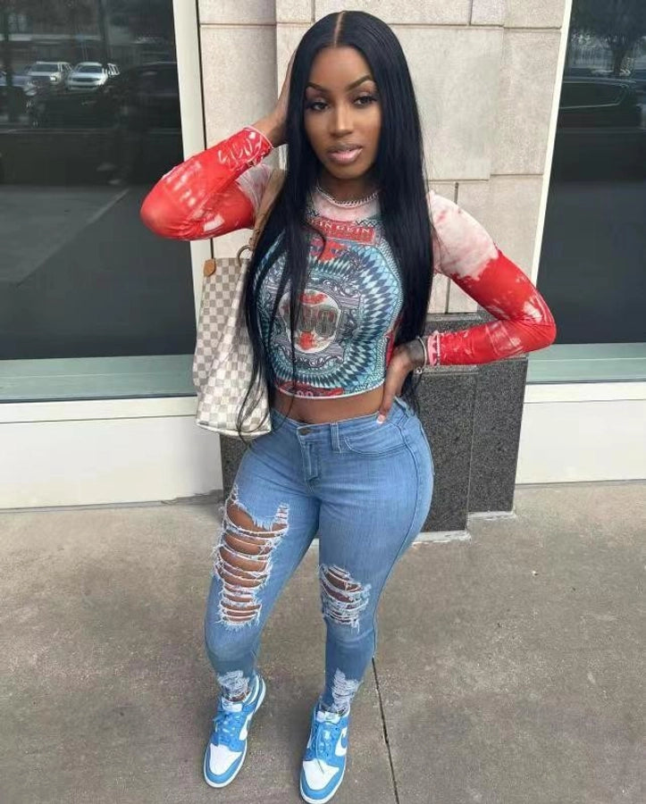 Women's Holiday Daily Streetwear Solid Color Full Length Ripped Jeans