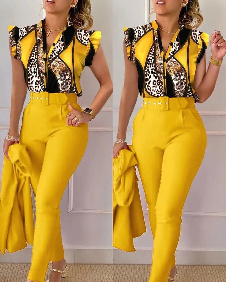 women's business fashion printing polyester printing pants sets