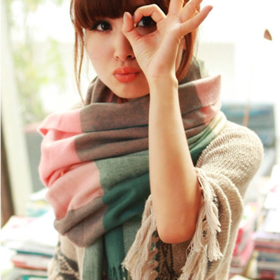 women's sweet plaid imitation cashmere tassel winter scarves