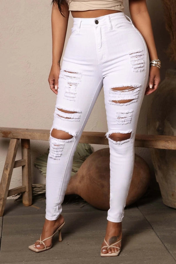 women's street fashion streetwear solid color full length ripped jeans